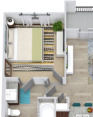 Aten 3D 3D Aten 1 bedroom floor plan apartment. Kitchen with peninsula island. dining-living space. bathroom with walk-in closet. in-unit washer/dryer. Balcony.